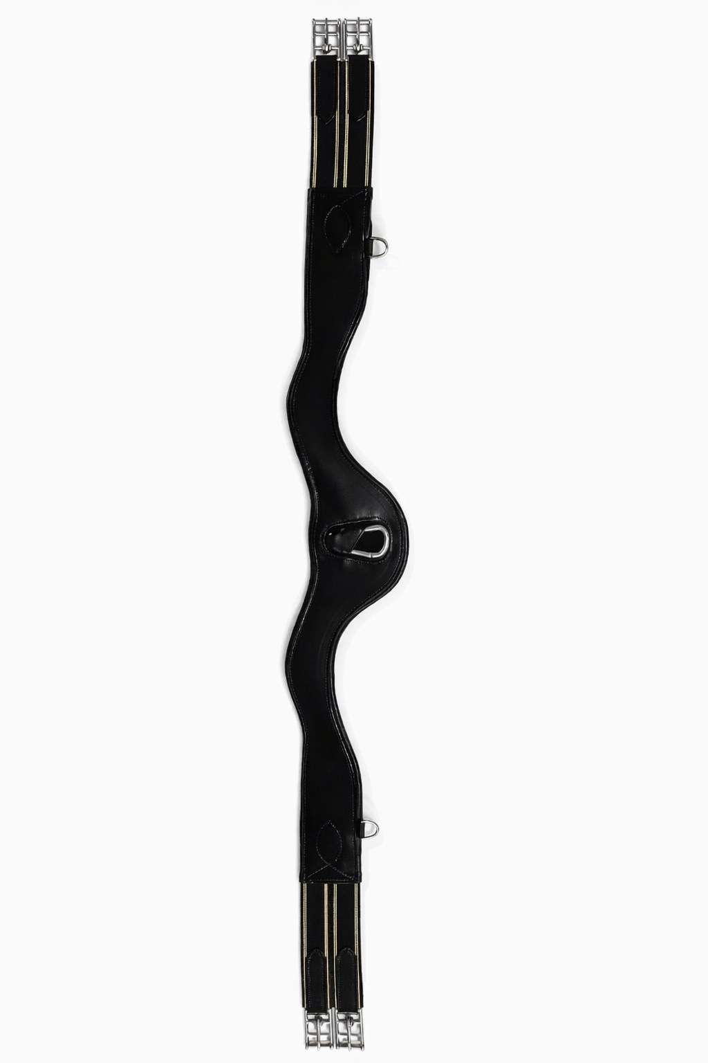 A black leather horse bridle with silver buckles and rings, displayed vertically on a plain white background.