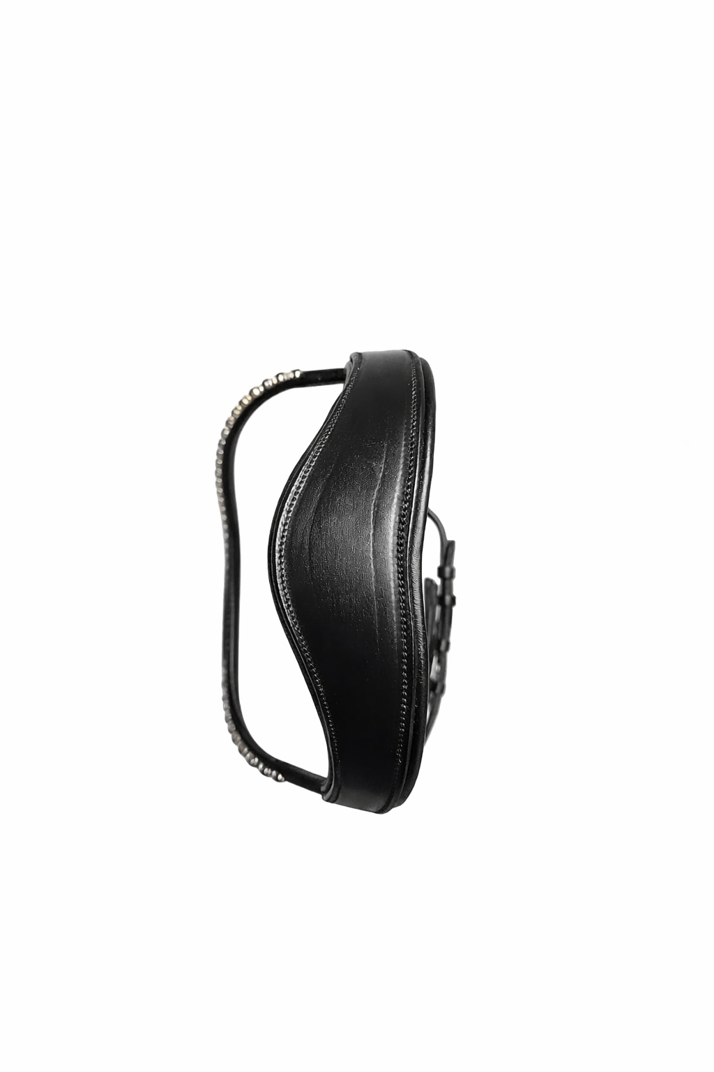 top detail of black anatomical bridle headpiece with curved padding
