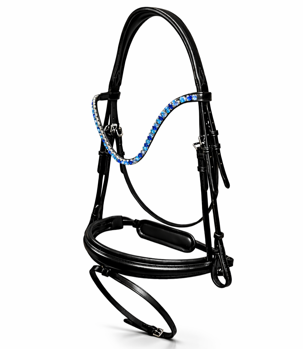 Black tack bridle with blue crystals on the browband , designed for horse riding.