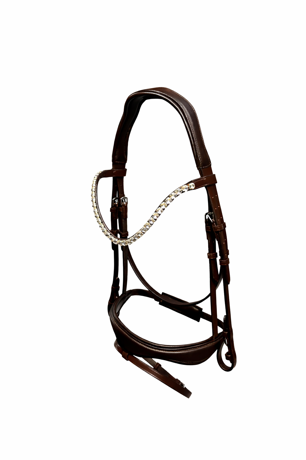 A dark brown leather horse bridle with a decorative chain of rhinestones on the browband, displayed against a plain white background.