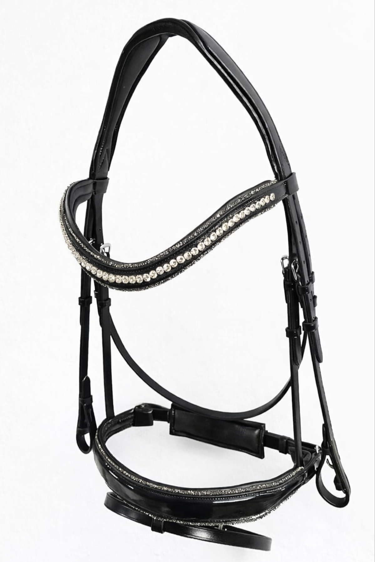 Black horse halter with rhinestone detailing on a white background