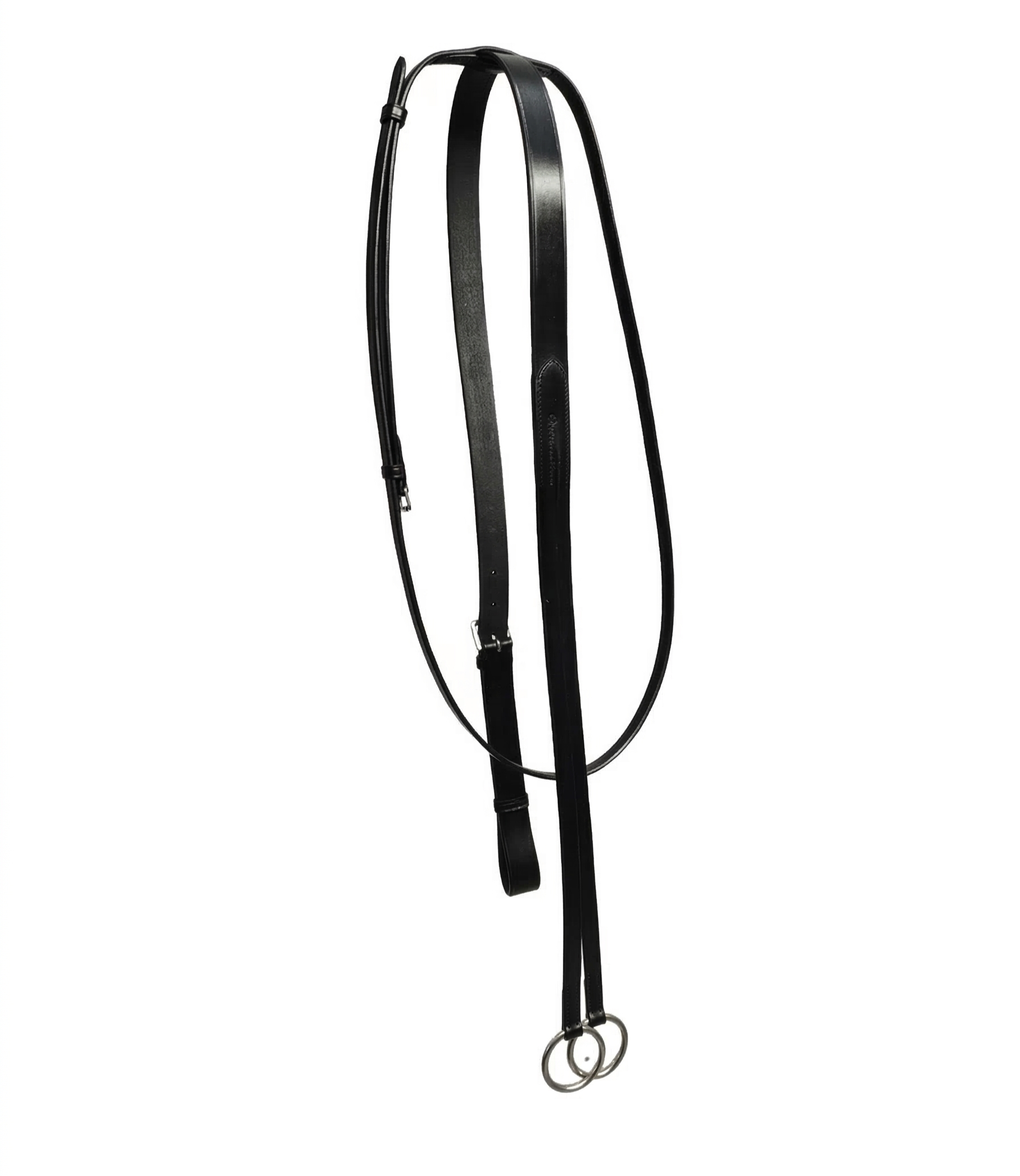 Black leather horse running martingale with metal rings hanging against a white background.