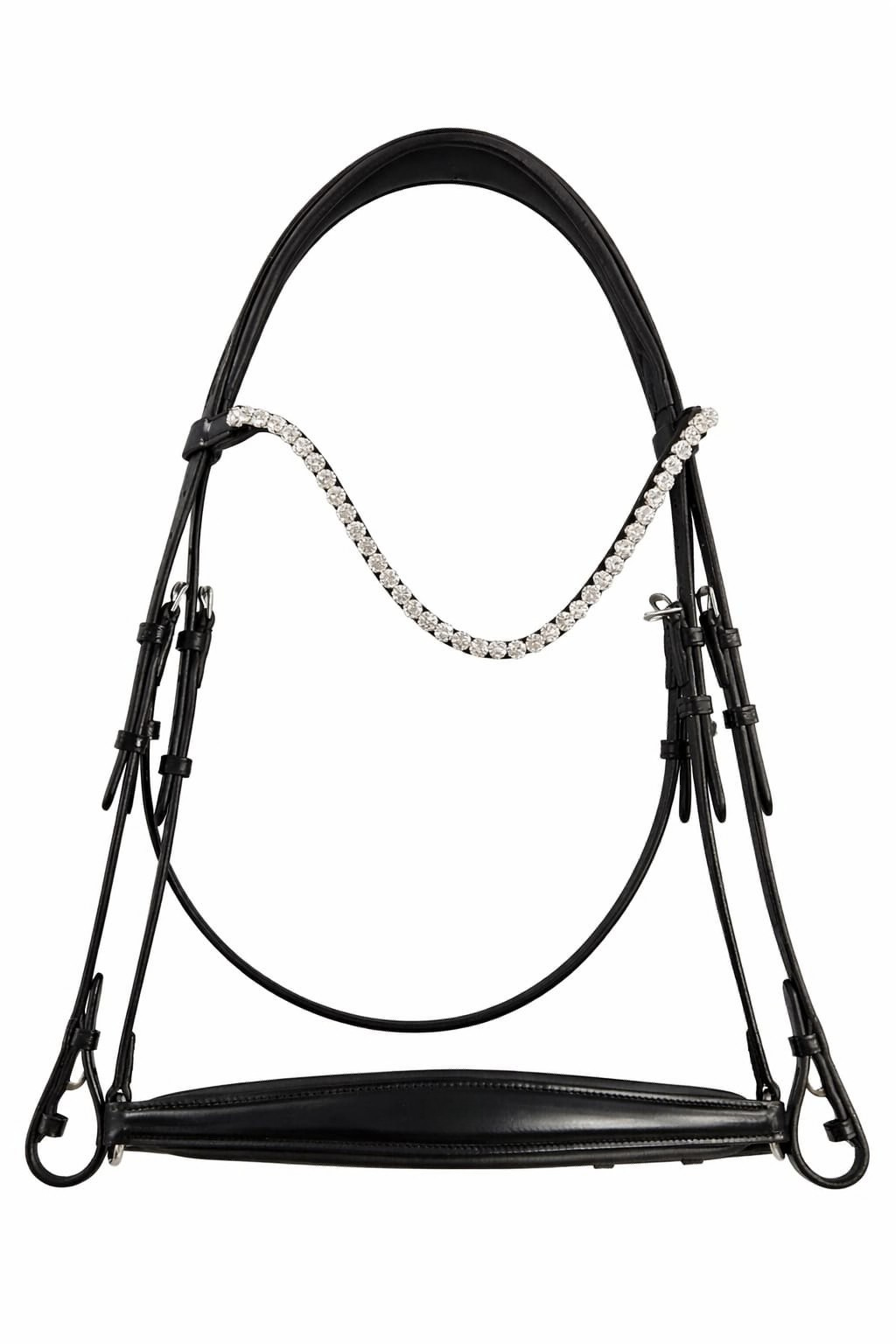 Front view of black anatomical drop noseband bridle with crystal browband
