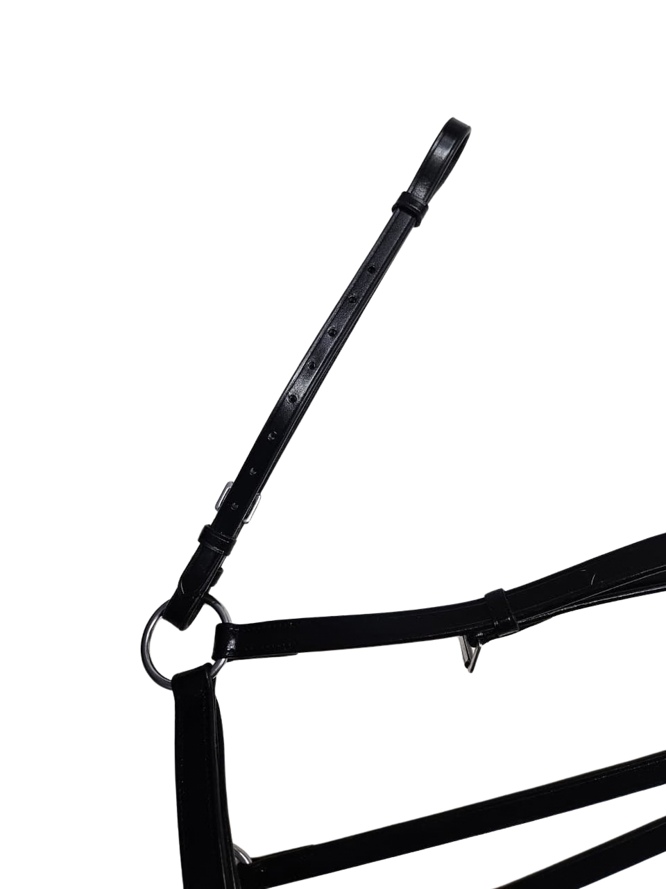 Close-up of a black leather breastplate strap with ss ring and adjustable buckle detail on a white background.