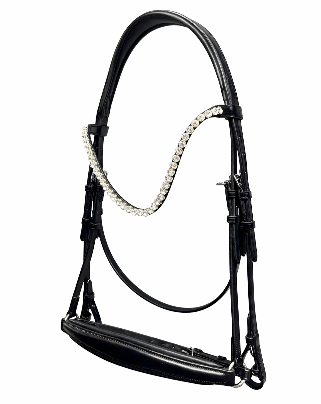 Black horse drop noseband with a clear crystal browband, isolated on a white background.