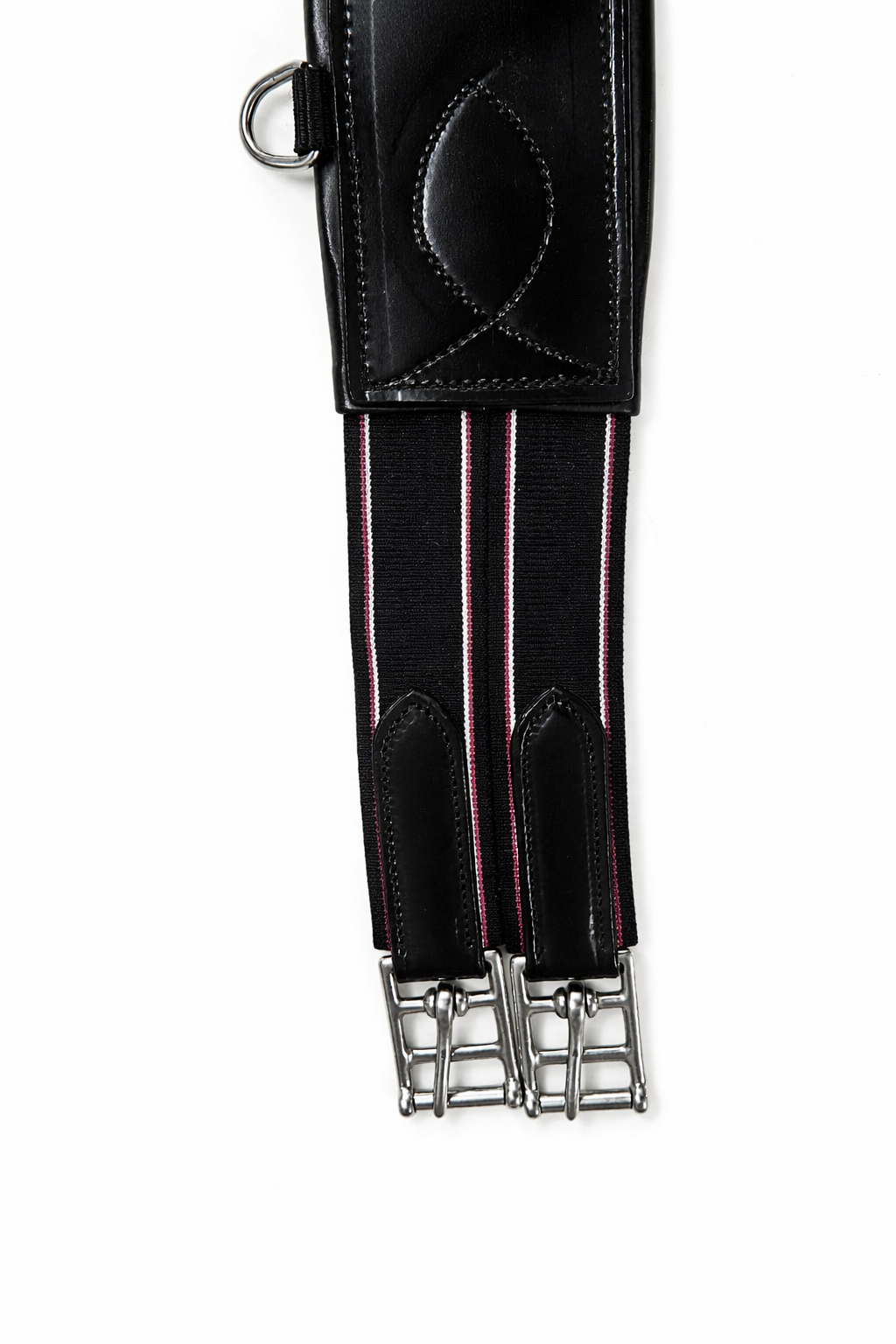 A black leather belt with a striped fabric strap and metal buckles.