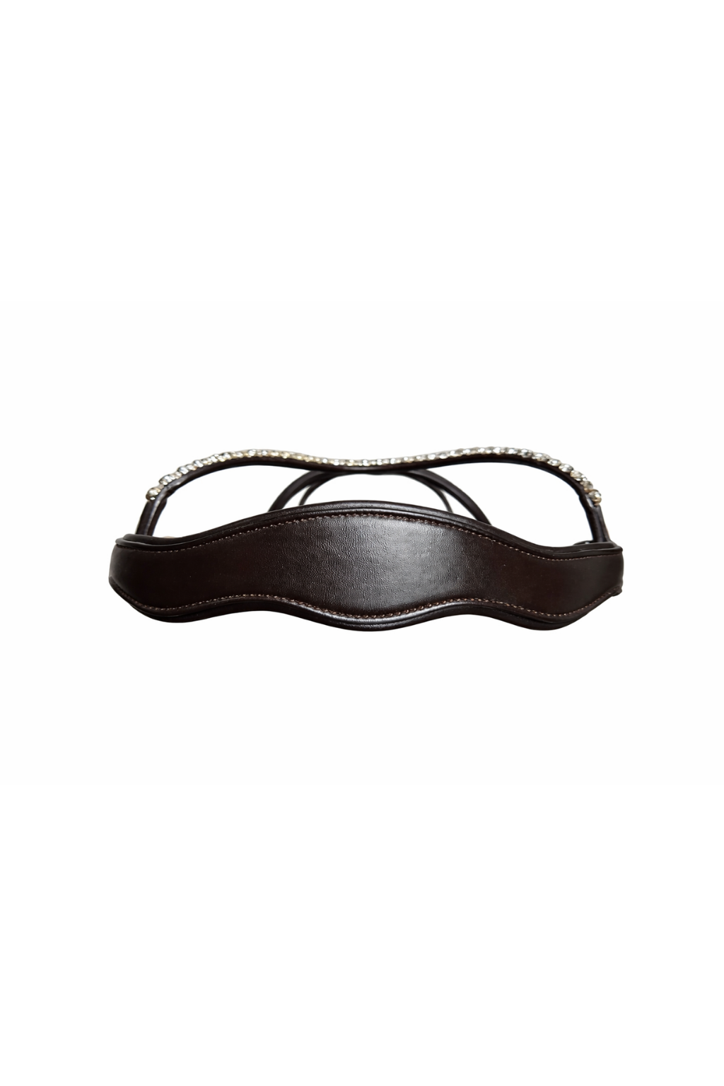top detail of brown anatomical bridle headpiece with curved padding
