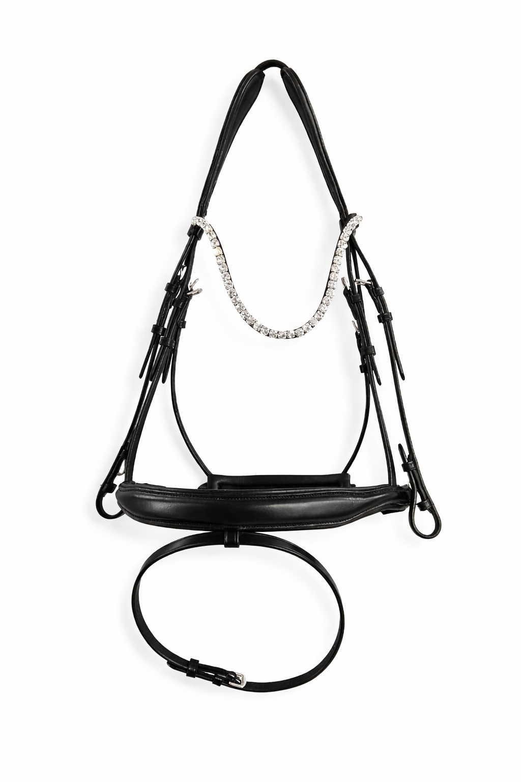 front view of a anatomical black leather bridle with clear crystals