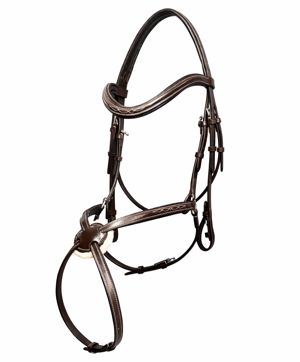 A brown leather horse figure 8 (grackle) bridle with white stitching,