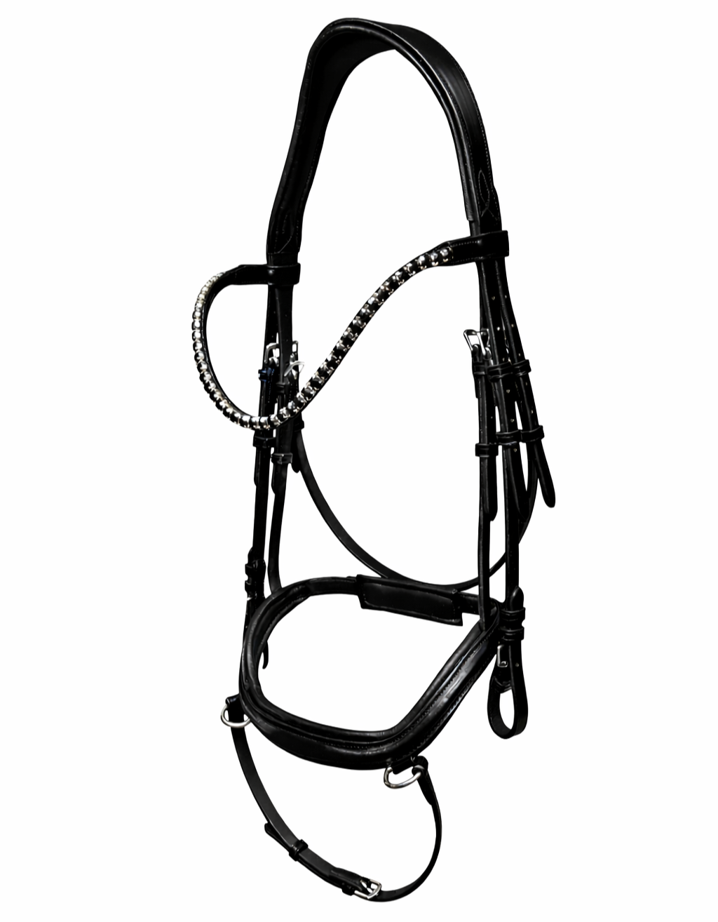 Black horse bridle with black rhinestones on the browband and anatomical noseband, isolated on a white background.