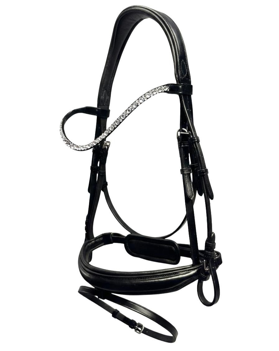 A black horse bridle with rhinestone browband, isolated on a white background.