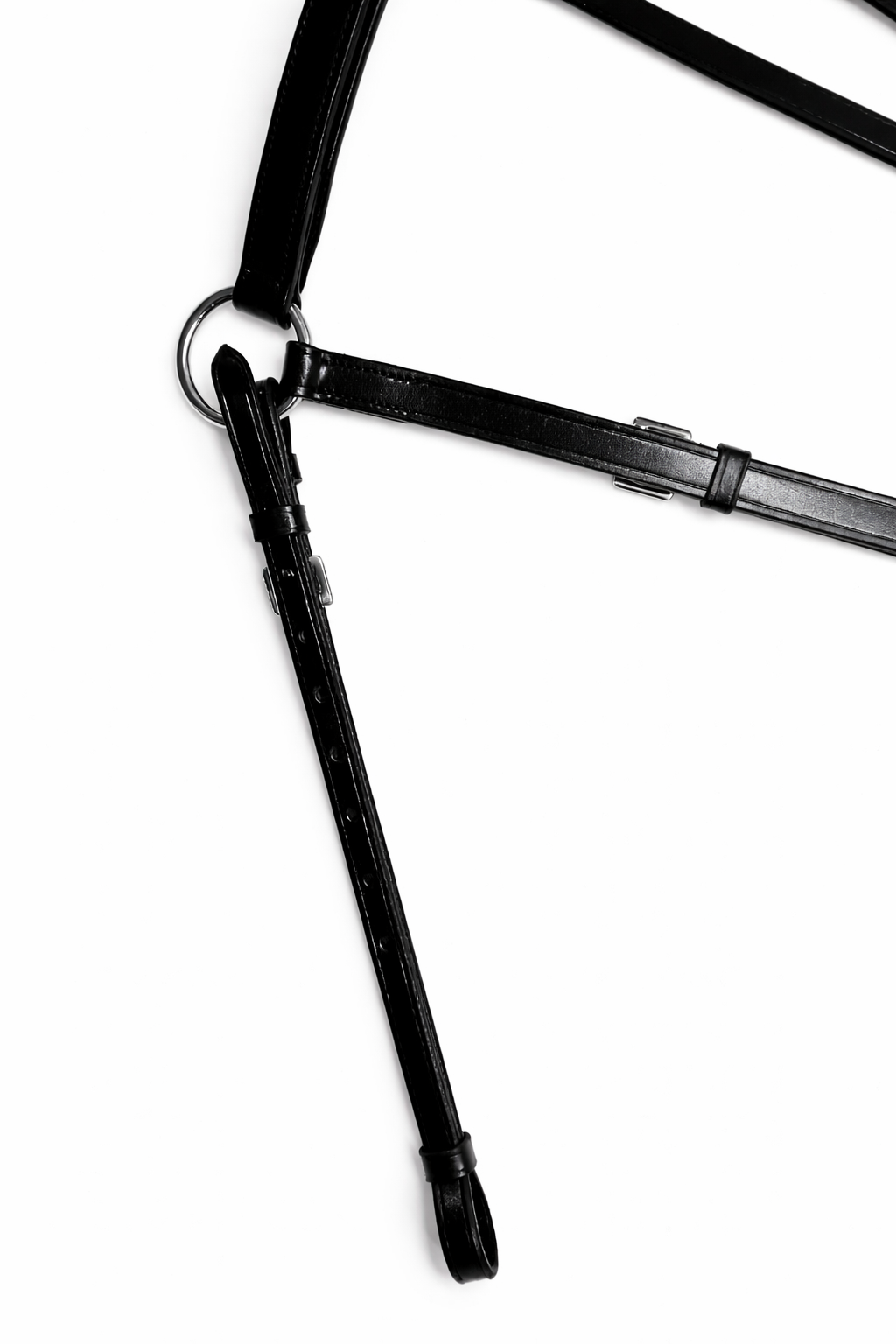 Close-up of a black leather breastplate strap with ss ring and adjustable buckle detail on a white background.