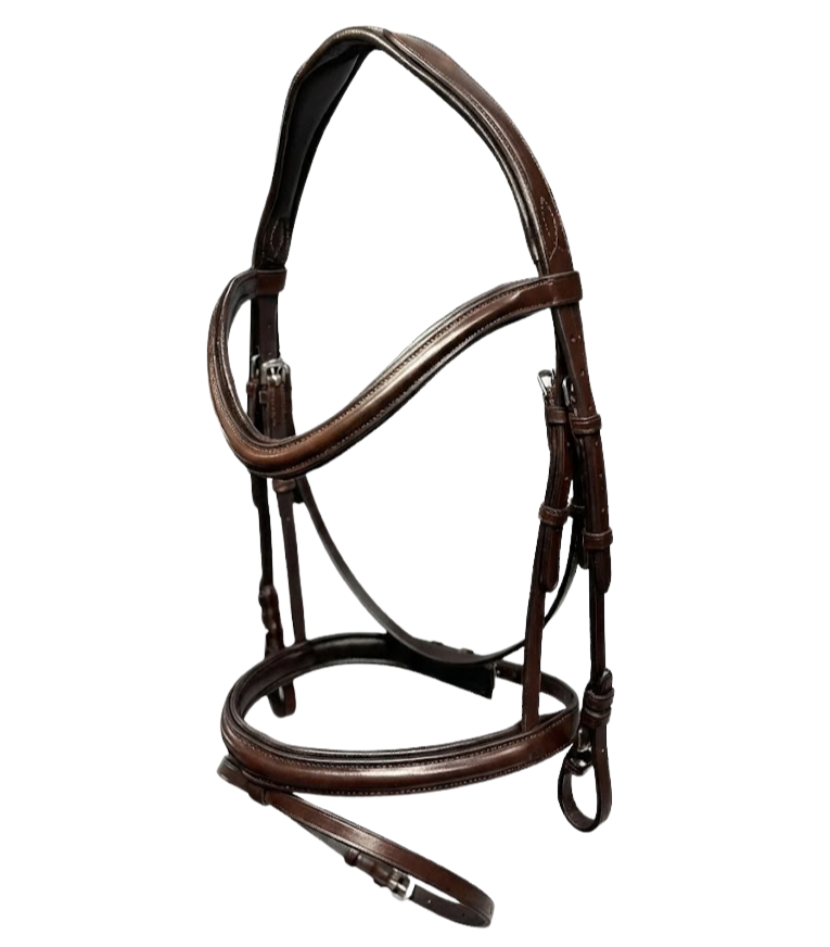 Brown leather horse bridle with ss buckles and straps, hanging against a white background.