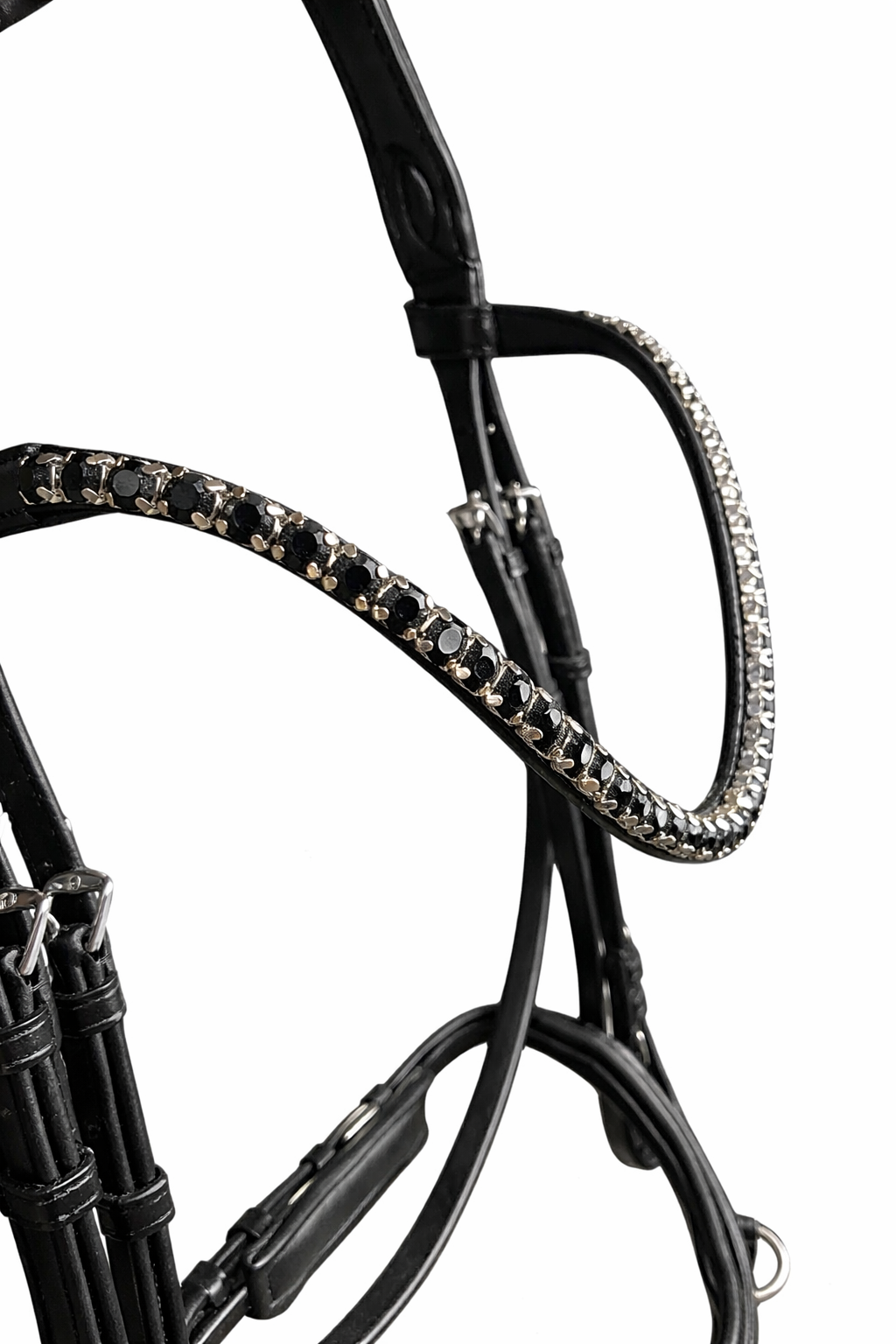 Close-up of black anatomical bridle browband with black crystals