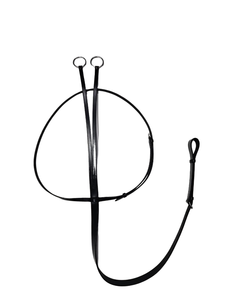 Black leather horse bridle with metal rings and buckles, isolated on white background.