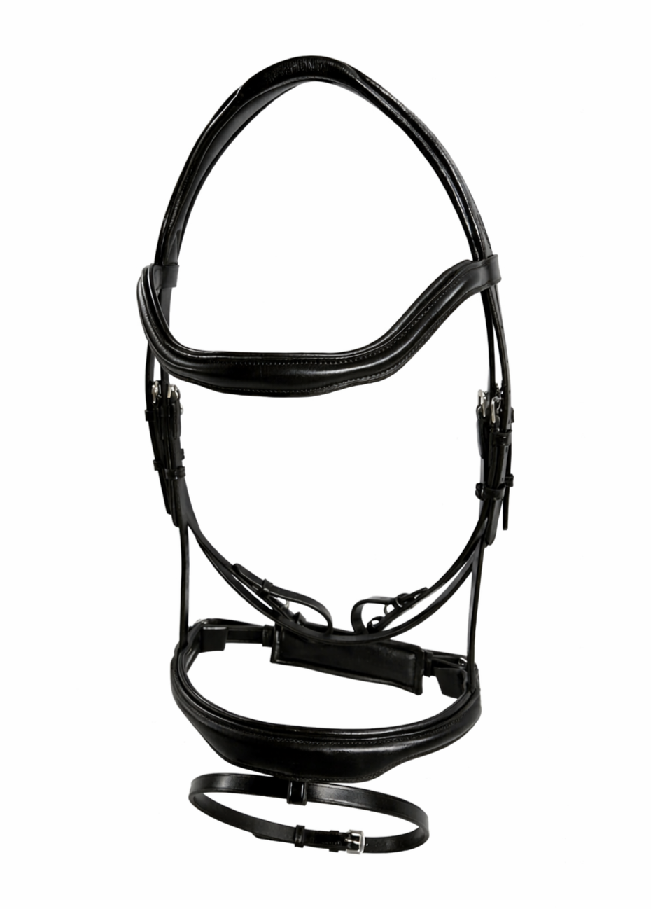 A black bridle with straps and buckles used for horse riding, displayed against a white background.