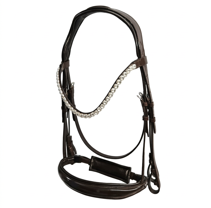 A black riding double bridle with a clear crystal browbandand patent noseband.