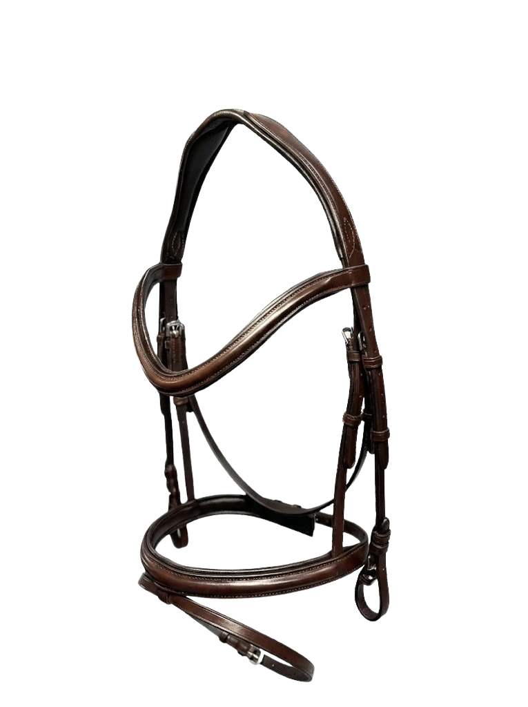 Brown leather horse bridle with stainless steel buckles, set against a white background.