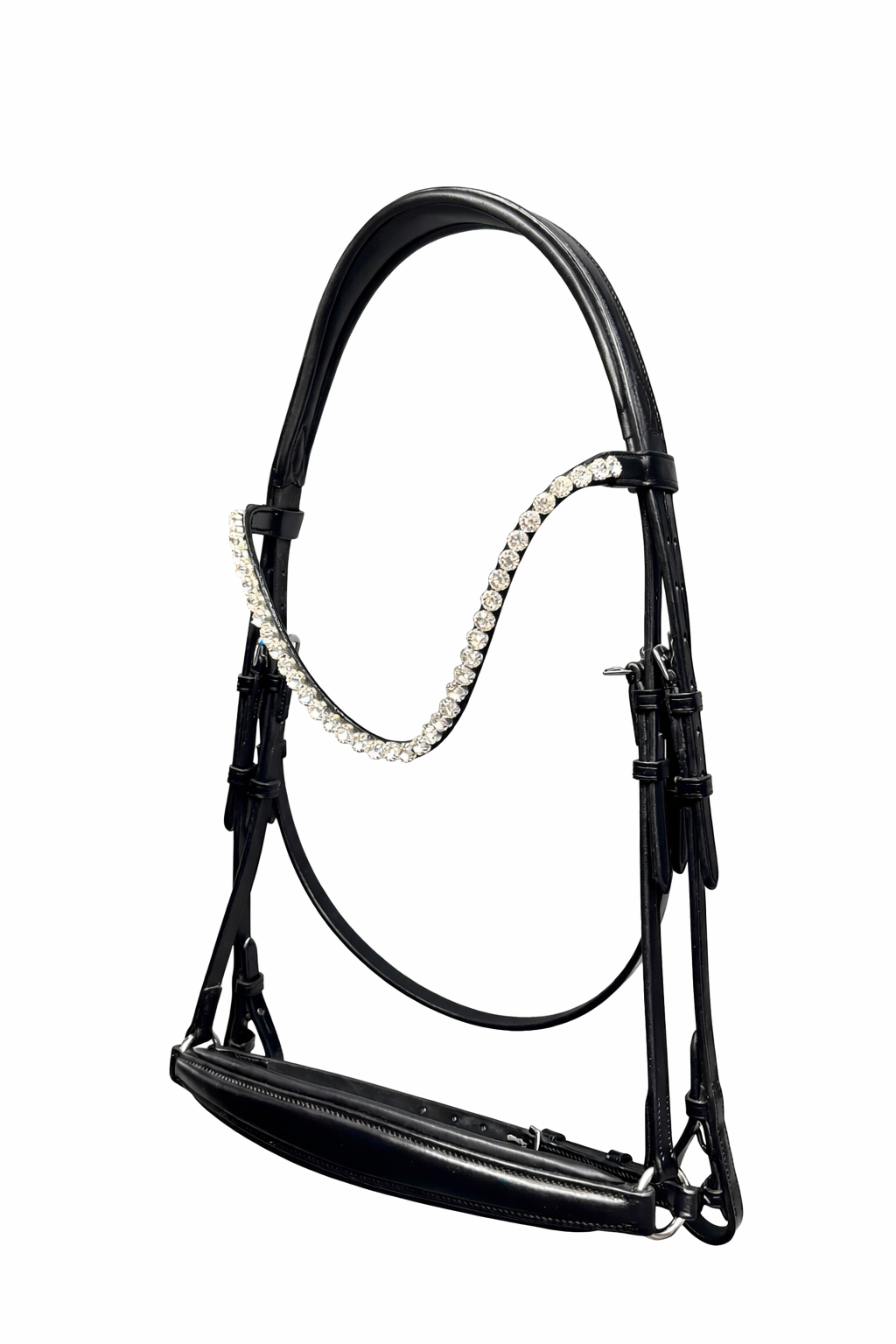 Black horse drop noseband bridle with clear crystal detail on a white background.