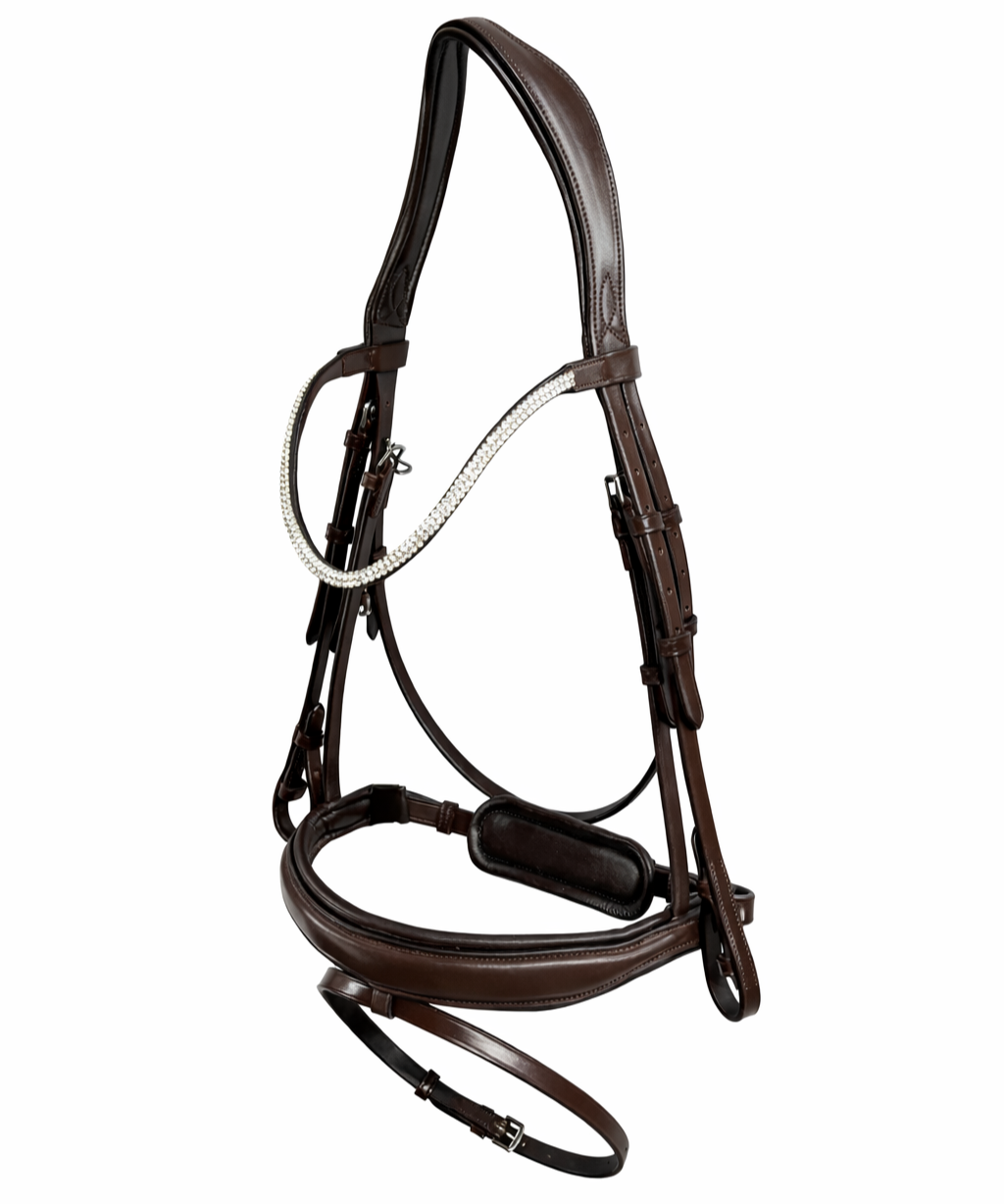 Dark brown leather bridle with studded browband and padded noseband on white background