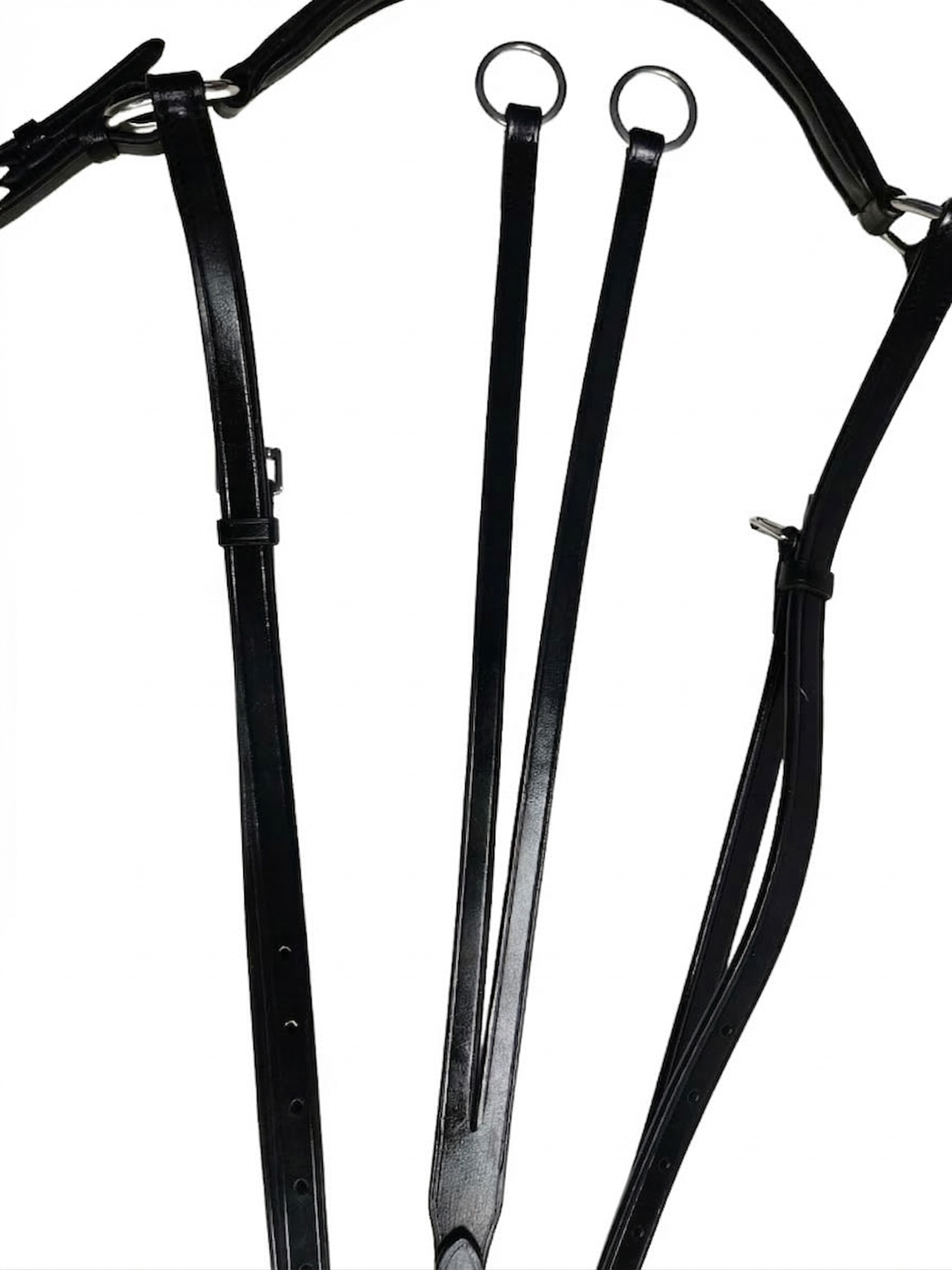 Close-up of a black leather 3-point breastplate with metal rings and adjustable straps on a white background.