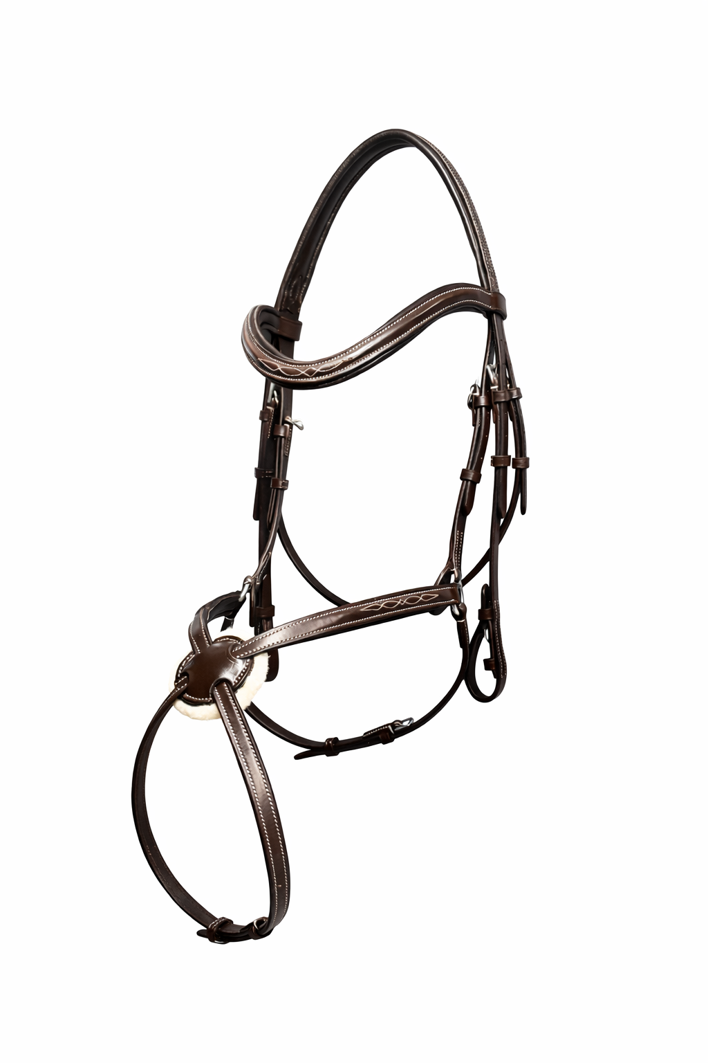 A brown leather horse figure 8 (grackle) bridle with white fancy stitching and white fur , isolated on a white background.