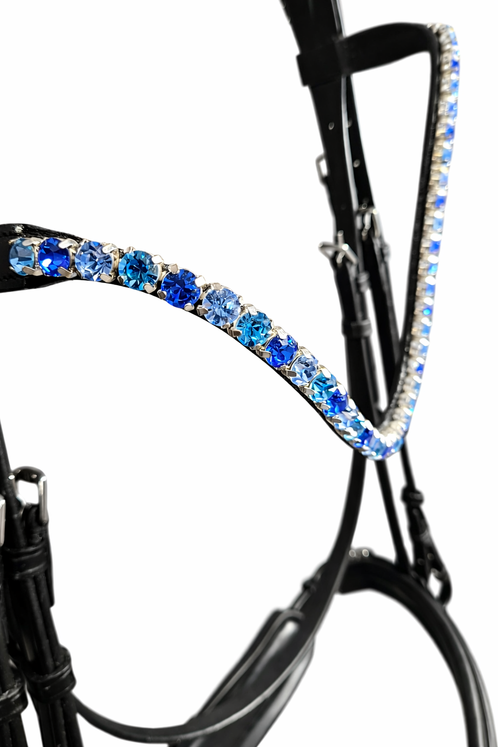 Close-up of black anatomical bridle browband with blue crystals