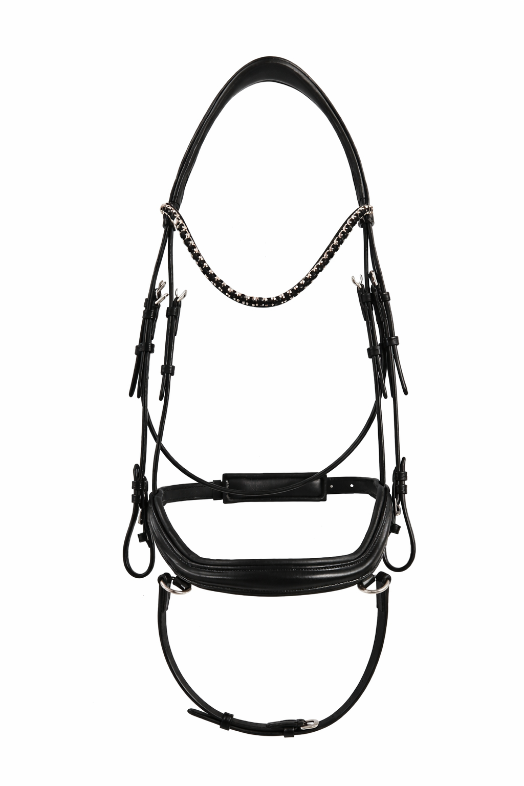 front view of a anatomical black leather bridle 