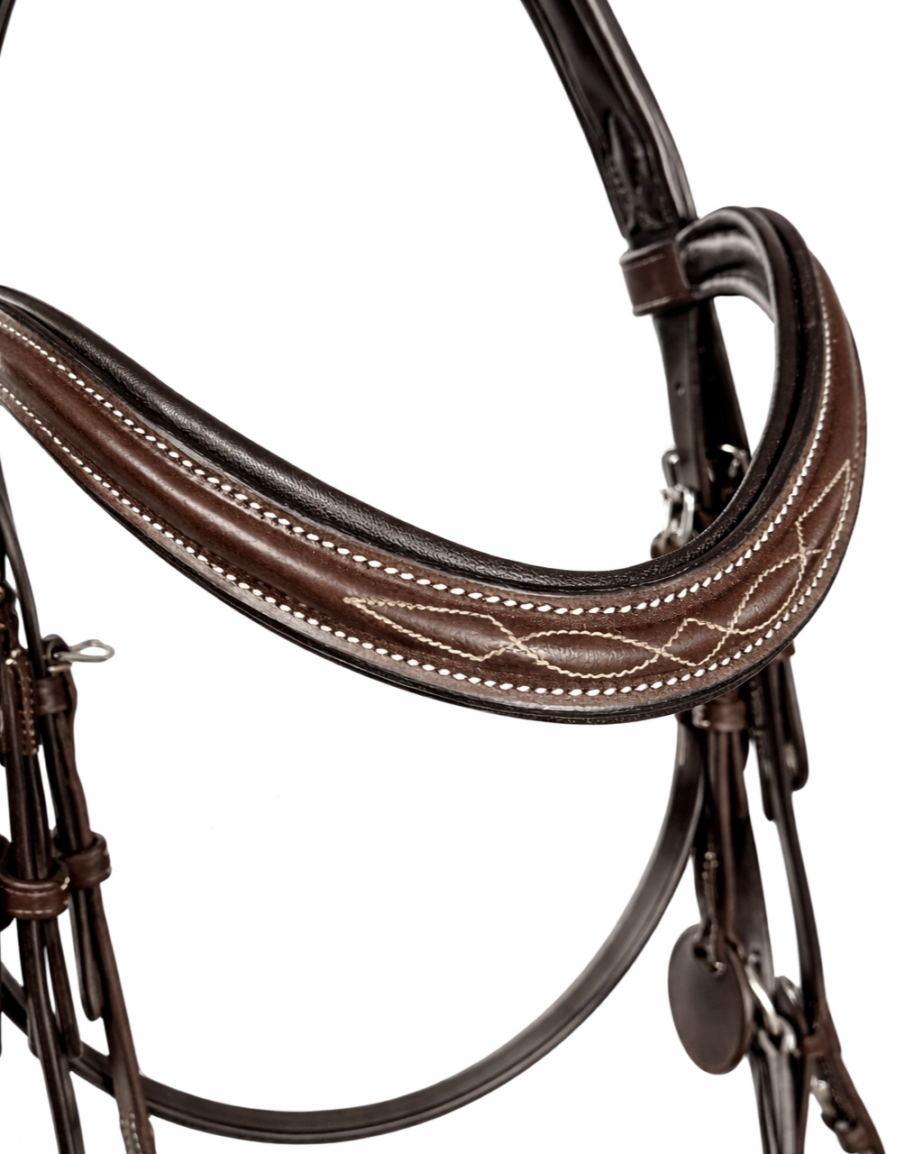 Close-up of a brown leather horse bridle with detailed stitching.