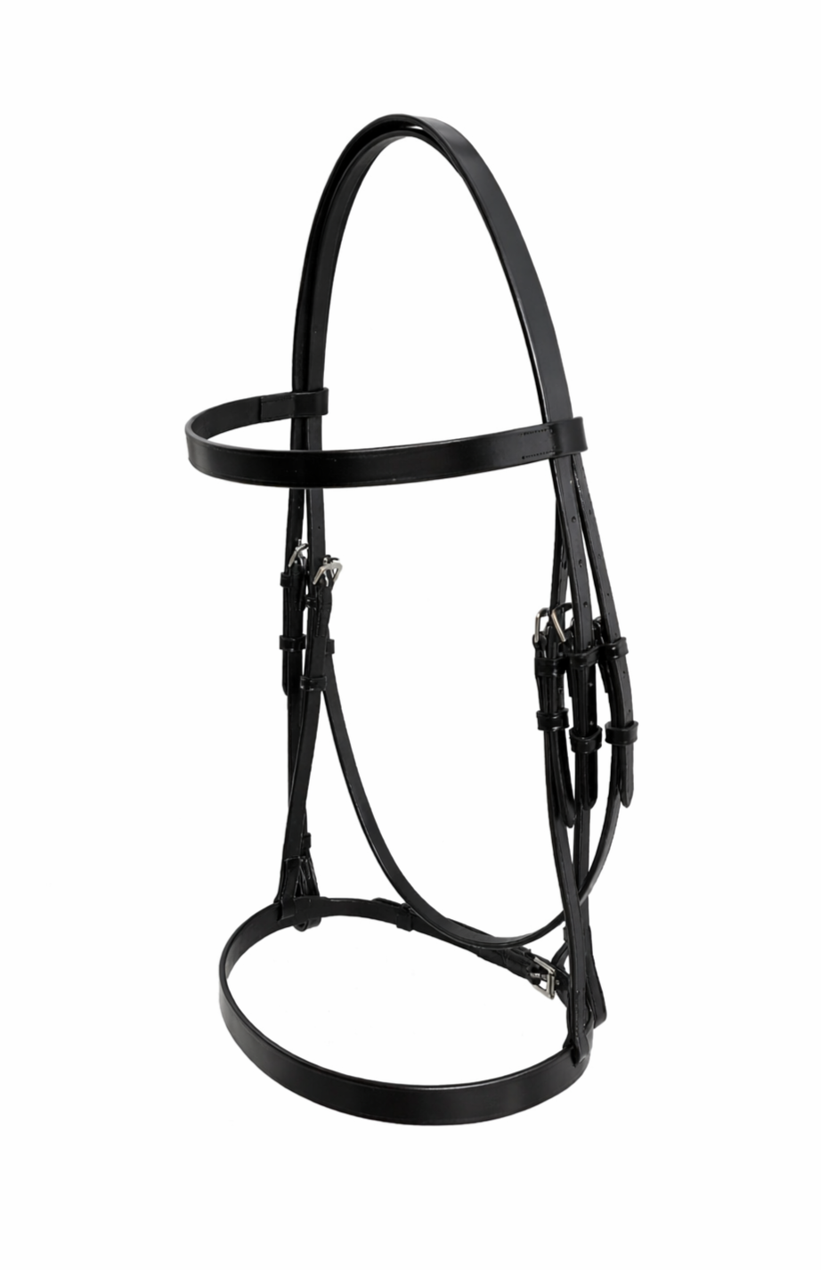 Black leather horse bridle with metal buckles and straps on a white background.