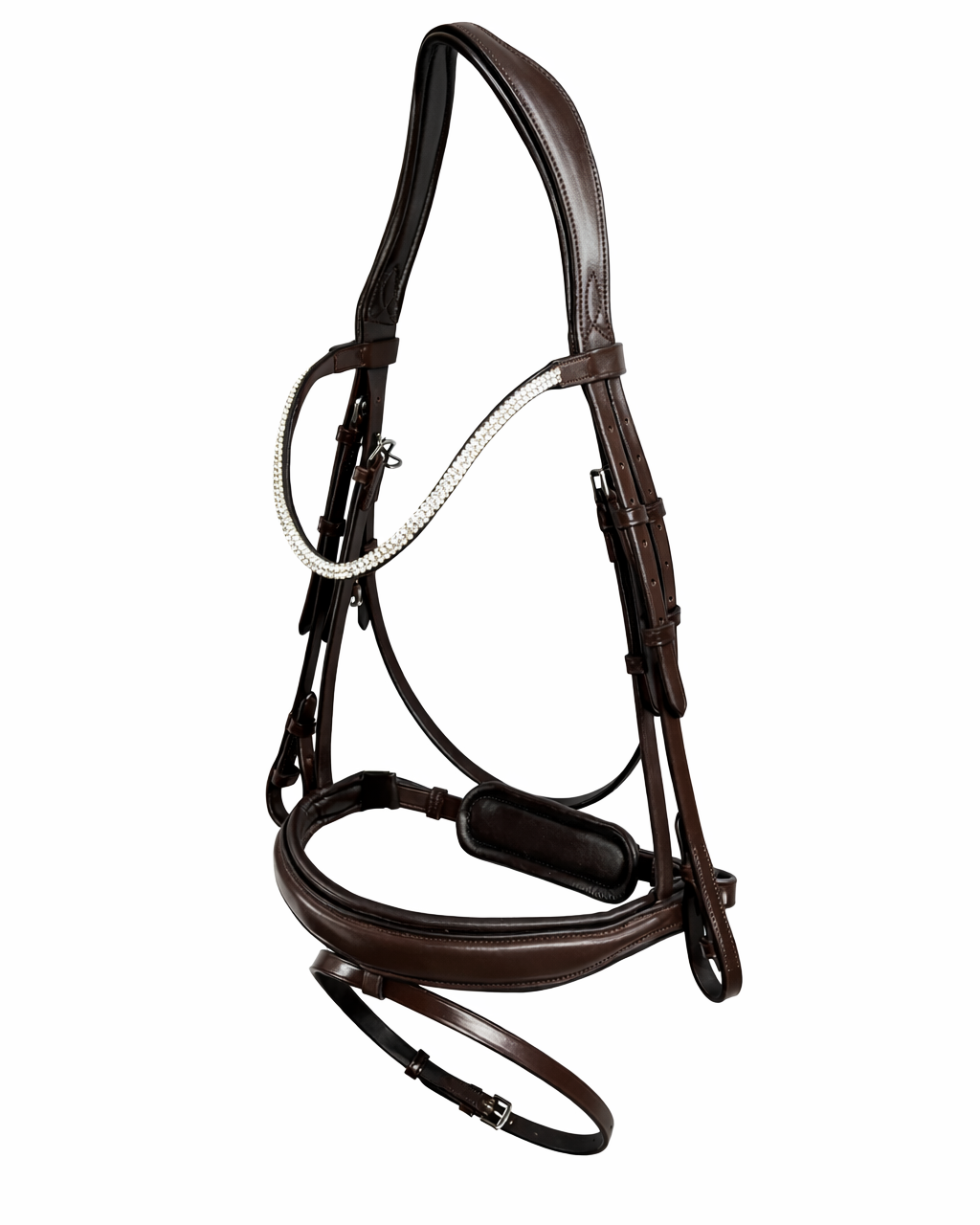 A brown leather bridle with a decorative white crystal browband.