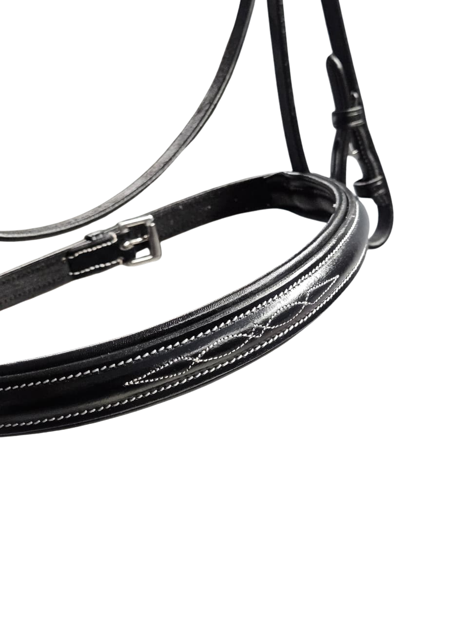 Close-up of black padded bridle noseband with fancy stitching