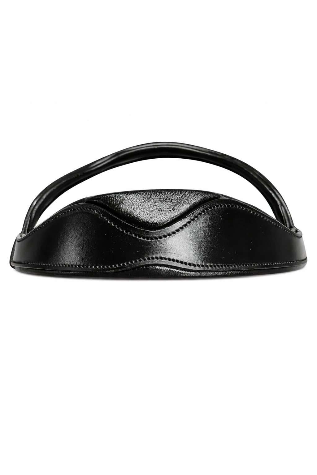A black leather handbag with a curved, wave-like design and a top handle, set against a white background.