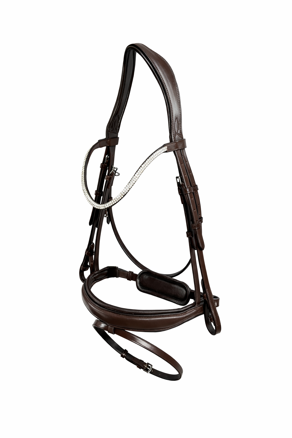 A brown leather horse bridle with a clear crystal chain detail hanging from it on a white background.