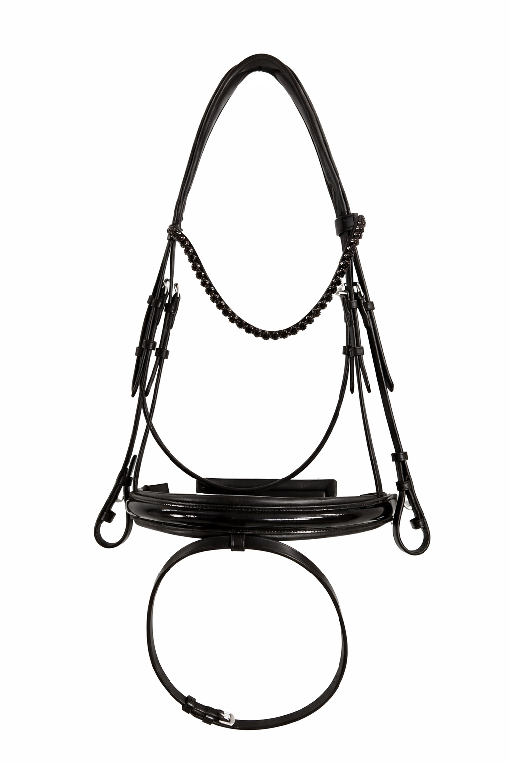 front view of a anatomical black leather bridle with black crystals and patent leather noseband 