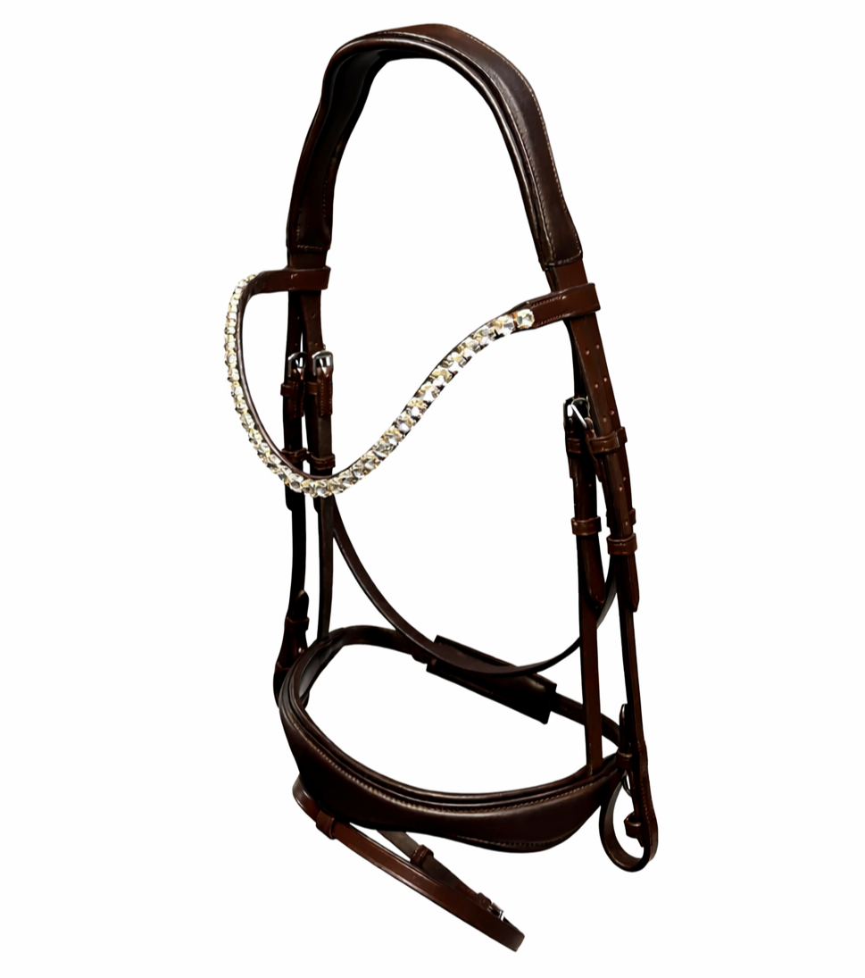 Brown leather horse bridle with a clear crystal browband.