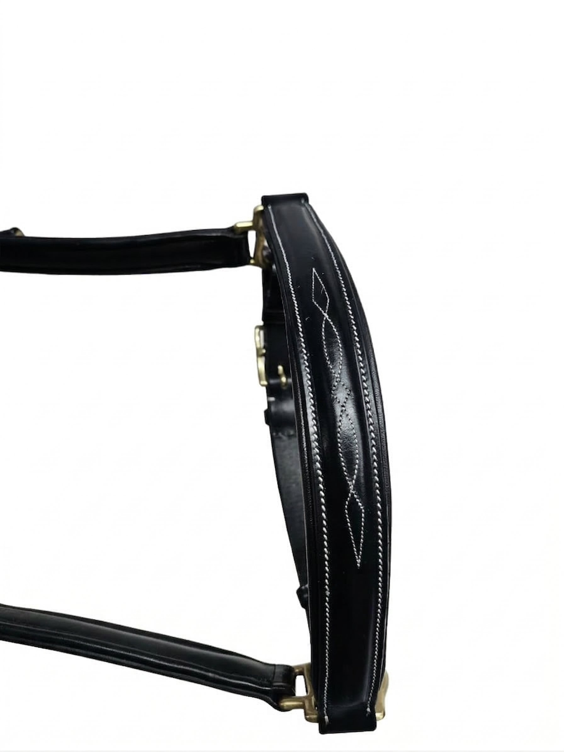 noseband view of black leather halter with fancy stitch