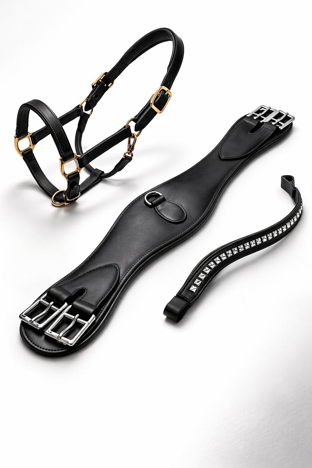 Set of black leather horse tack equipment including a halter, a browband, and a girth, all arranged on a white surface.