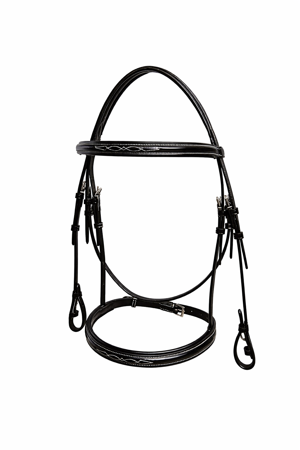 A black leather horse bridle with white fancy stitch, hanging on a white background.