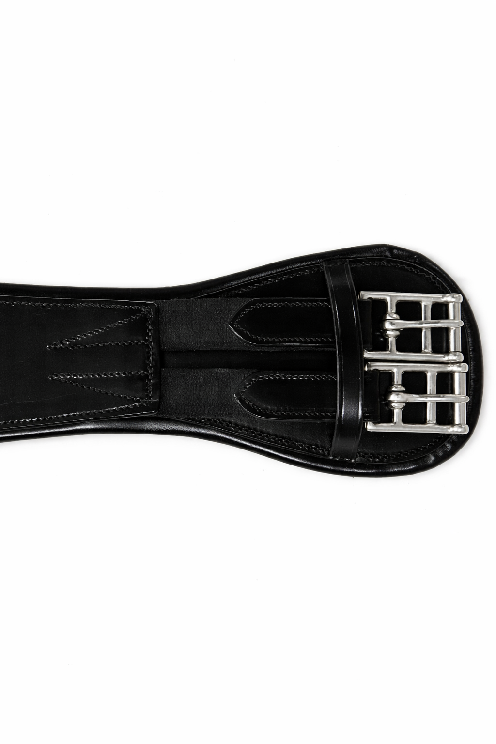 Close-up of a black leather horse bridle with metal bit against a white background.