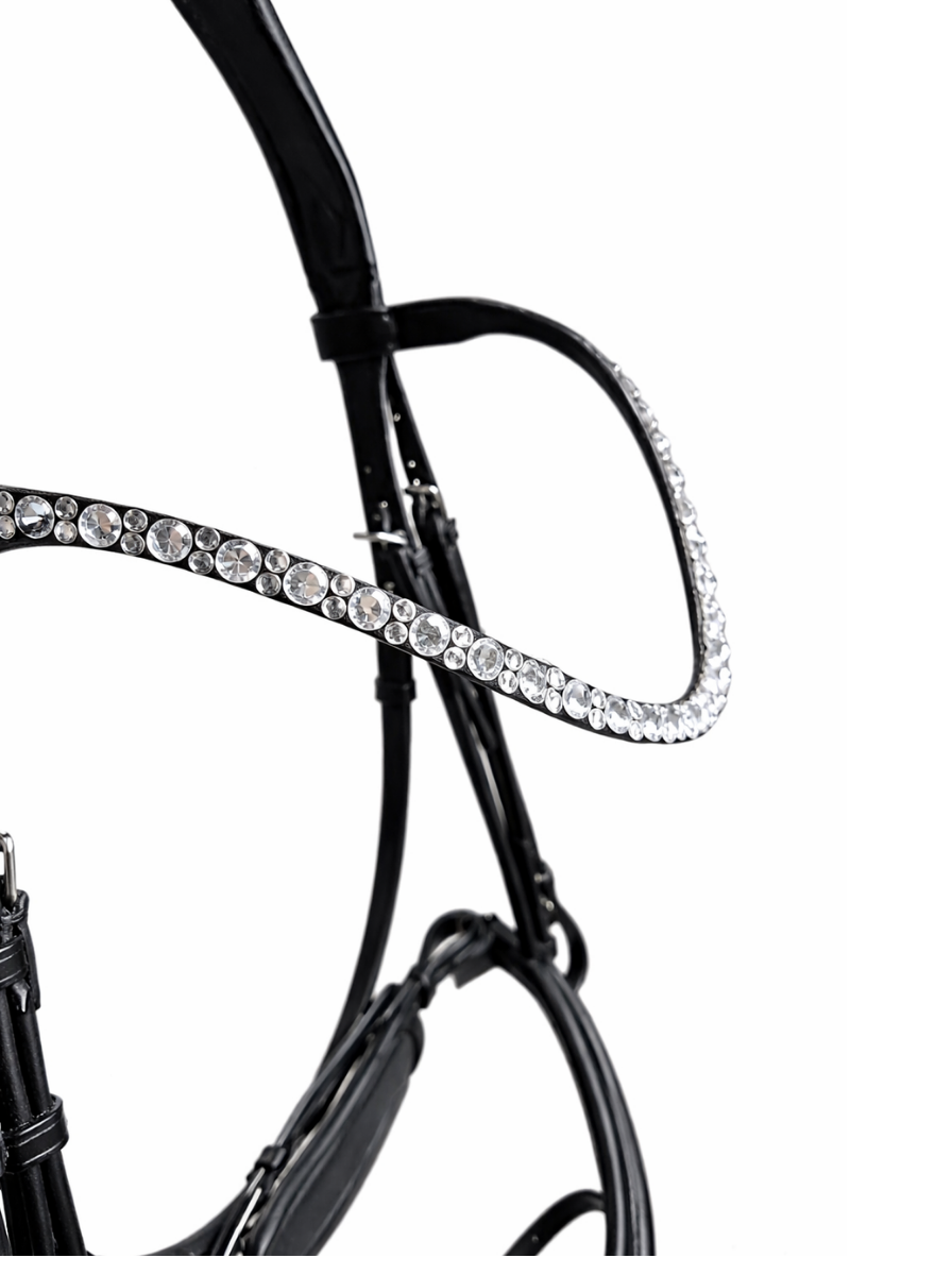 Close-up of black anatomical bridle browband with white crystals