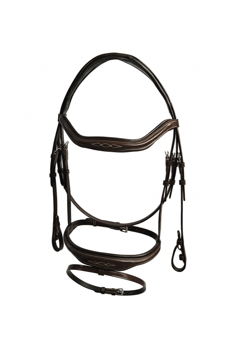 A brown leather horse bridle with white stitching and stainless steel hardware.