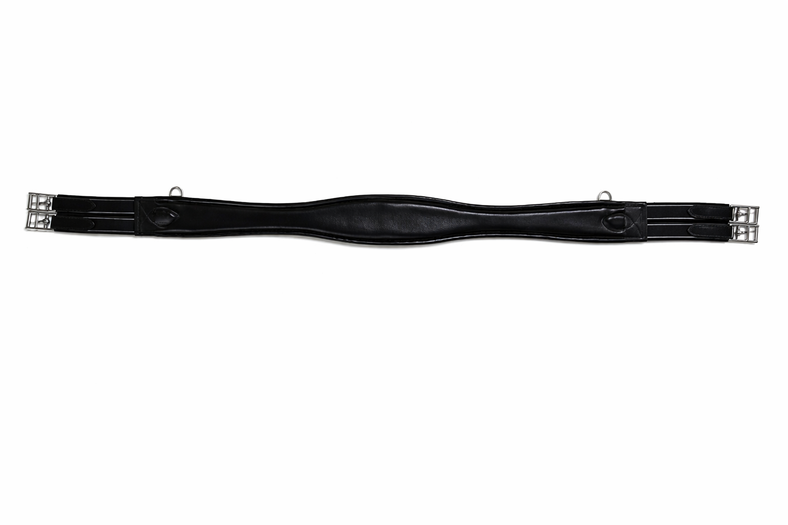 Black leather horse bridle with metal buckles and loops, laid out horizontally on a white background.