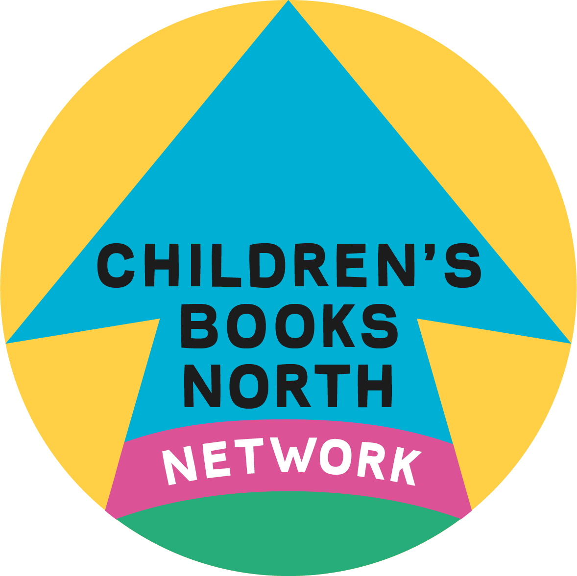 A circular logo with a yellow border, a blue arrow in the center, and a green and pink bands at the bottom. Text on the arrow reads "Children's Books North," and text on the pink band reads "Network."