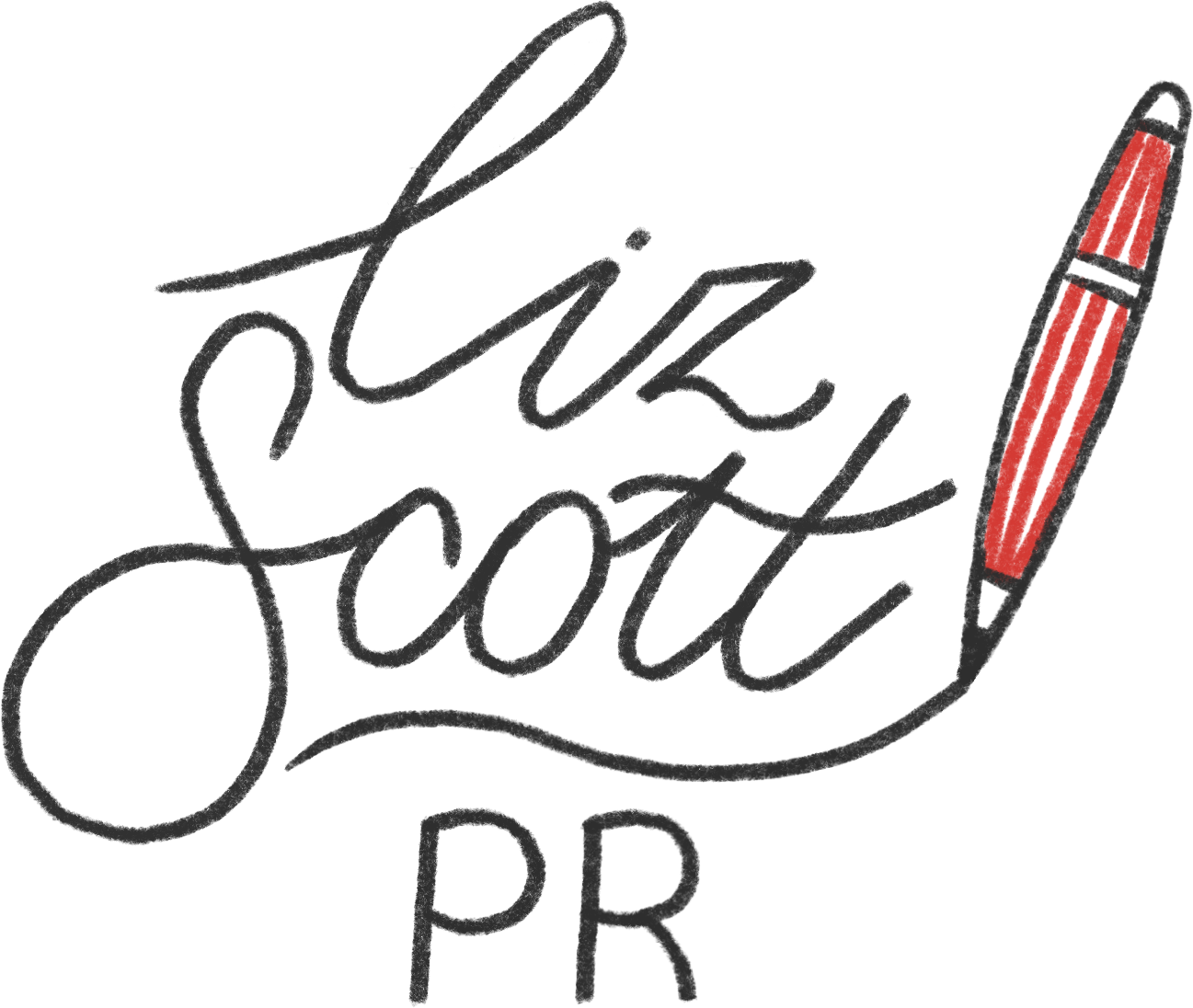 A hand-drawn outline of a hand with a red pencil, writing the words 'Liz Scott' in cursive, with the letters 'PR' below.