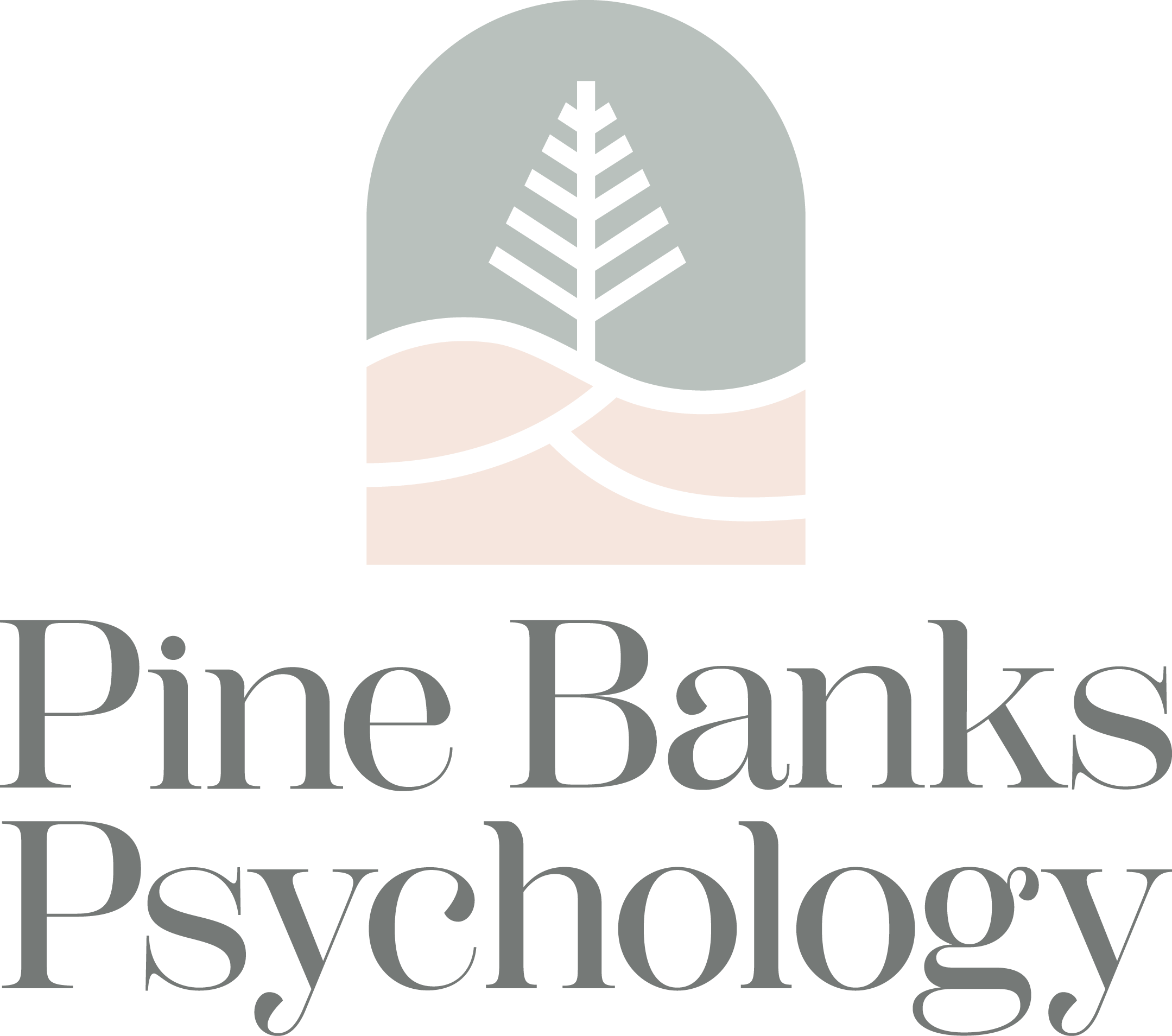 Logo for Pine Banks Psychology featuring a stylized pine tree within a rounded rectangular frame and the text 'Pine Banks Psychology' in gray.