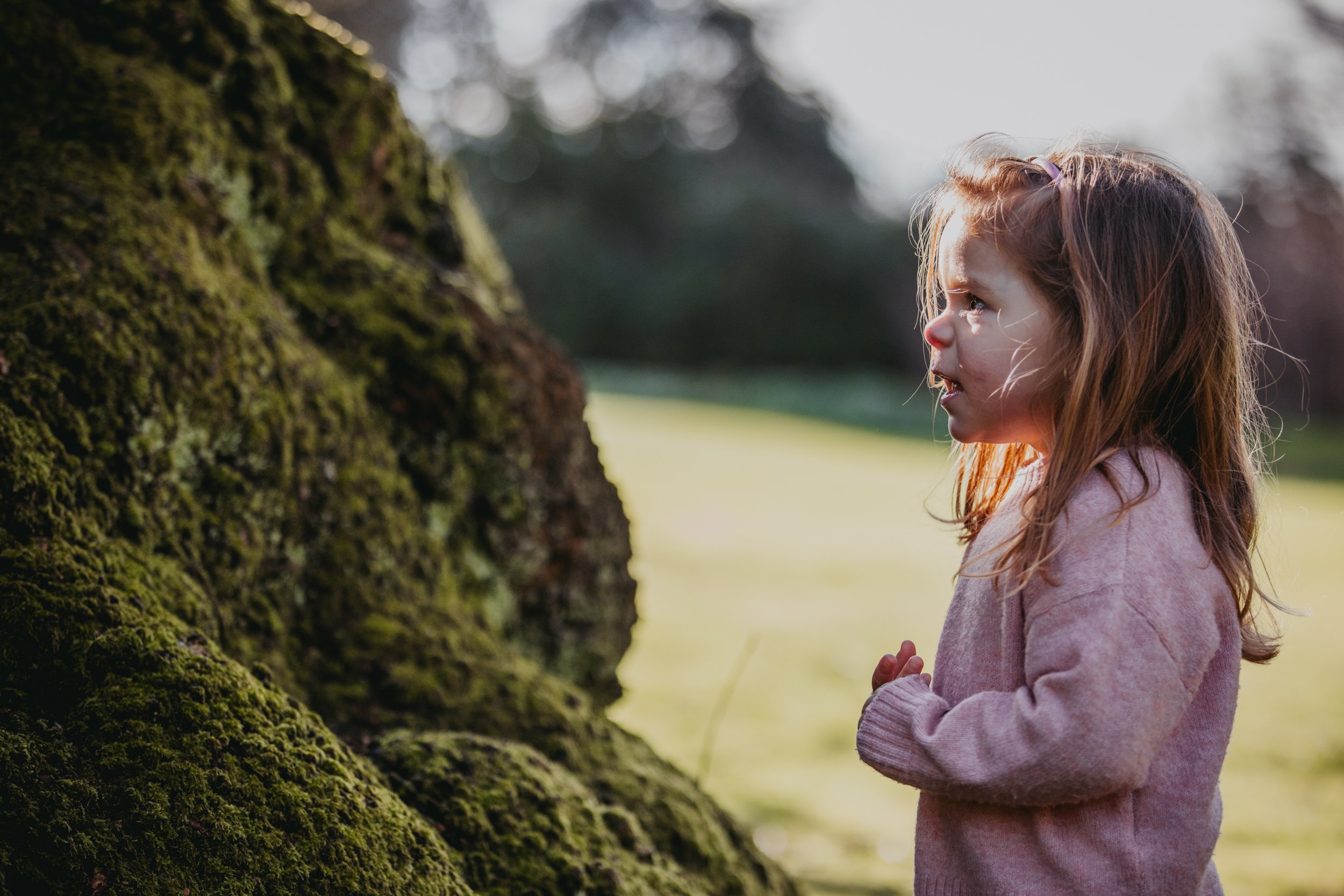 A young girl with light brown hair and a pink sweater stands outdoors near a mossy tree, looking at it with curiosity.