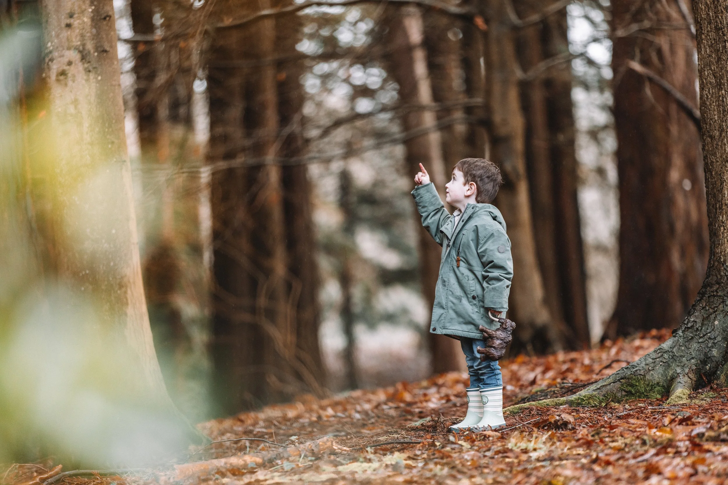 Young boy in green jacket and striped rain boots pointing at trees in a forest during autumn.