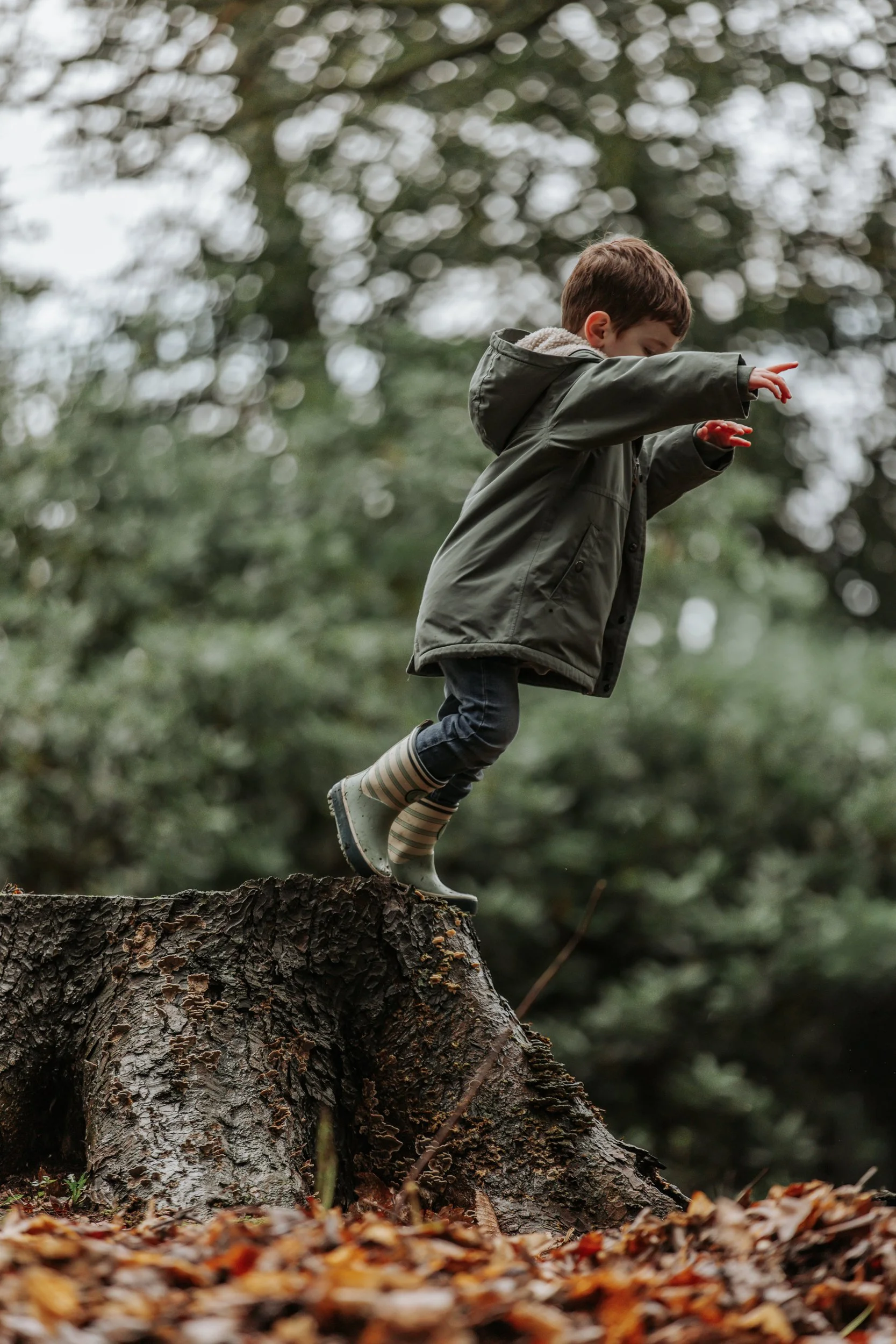 A young boy in a green jacket and striped rain boots standing on a large tree stump outdoors, pointing forward with outstretched arms.