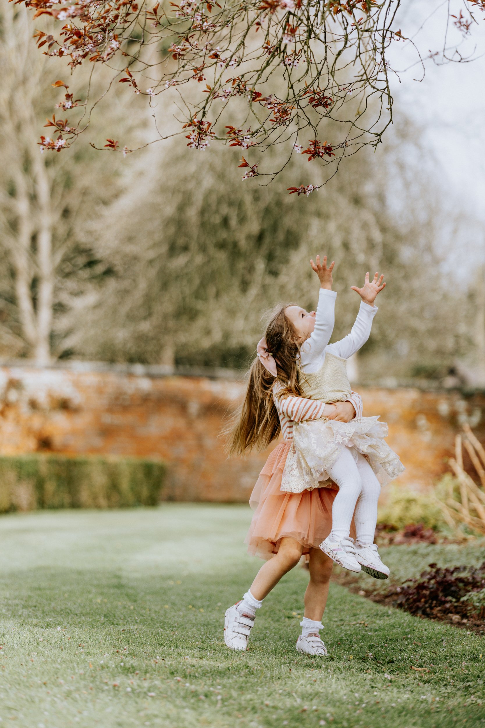 A woman lifting a young girl in a park, both reaching towards falling cherry blossoms, with trees and a brick wall in the background.
